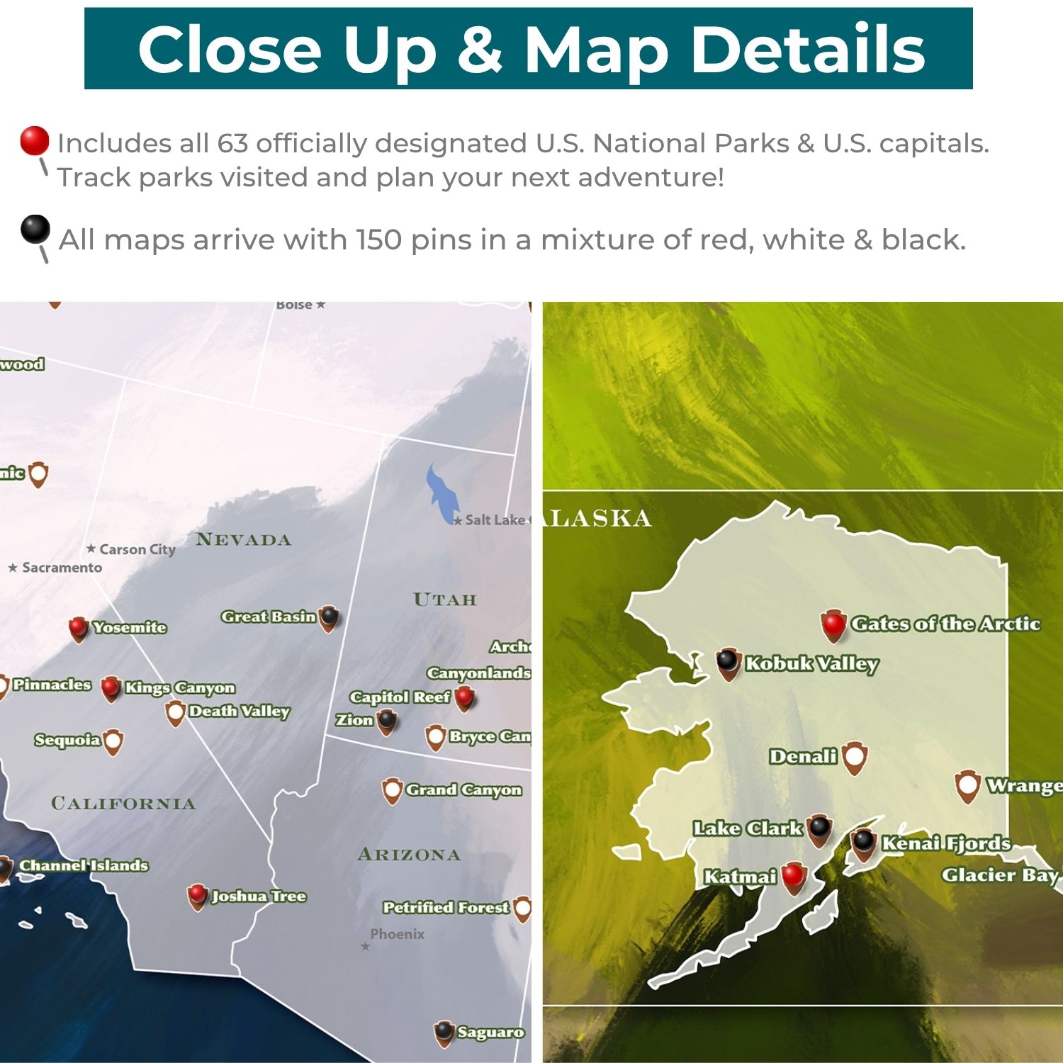 Canvas - National Parks Watercolor Travel Map with Pins