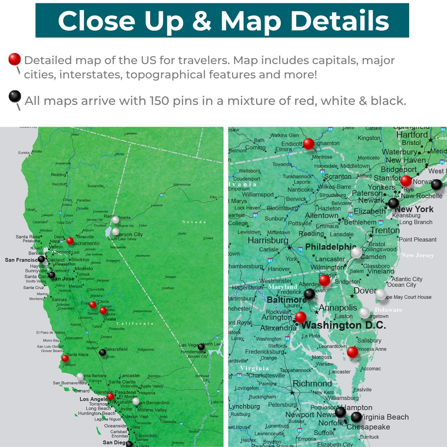 Close-up detail of Enchanting Emerald Watercolor US Travel Map with red black white pins marking cities