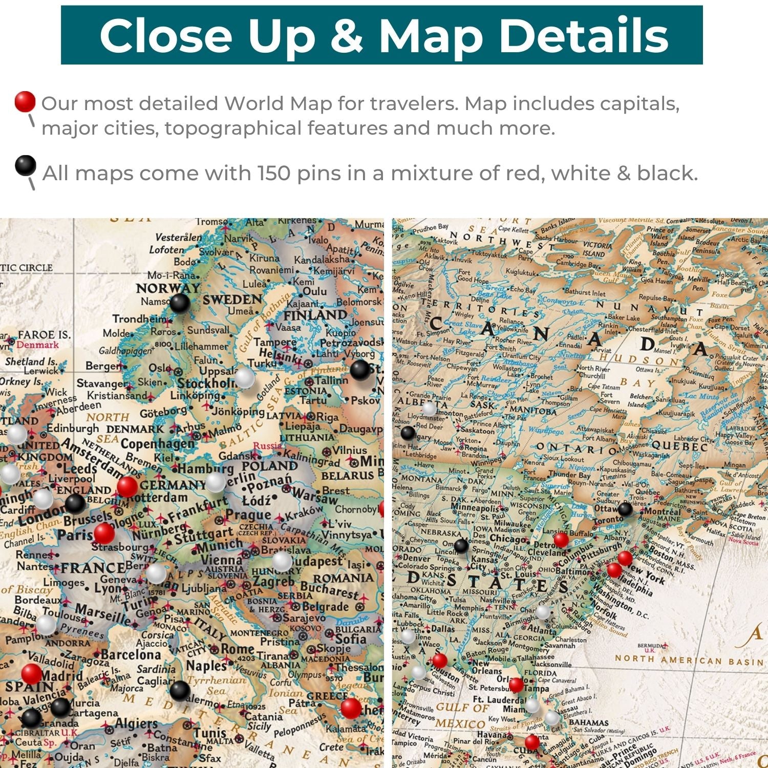 Canvas - Executive World Travel Map with Pins