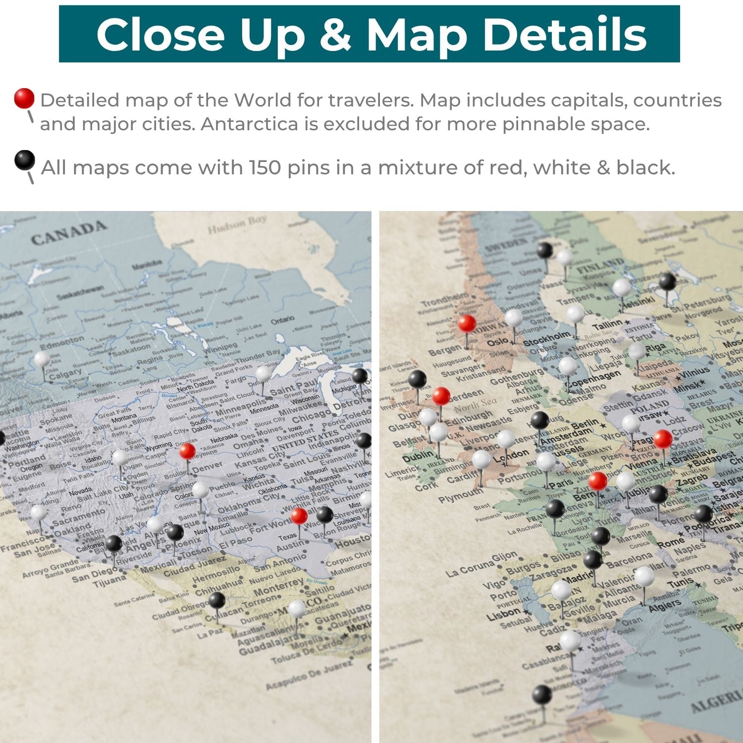 close up and map details for sandy dreams pin map of the world. 