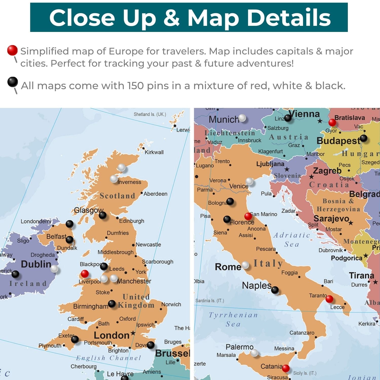Close-up detail of Blue Oceans Europe travel map with red white and black push pins marking cities