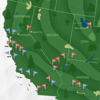 Closeup of West Coast on Golf Map