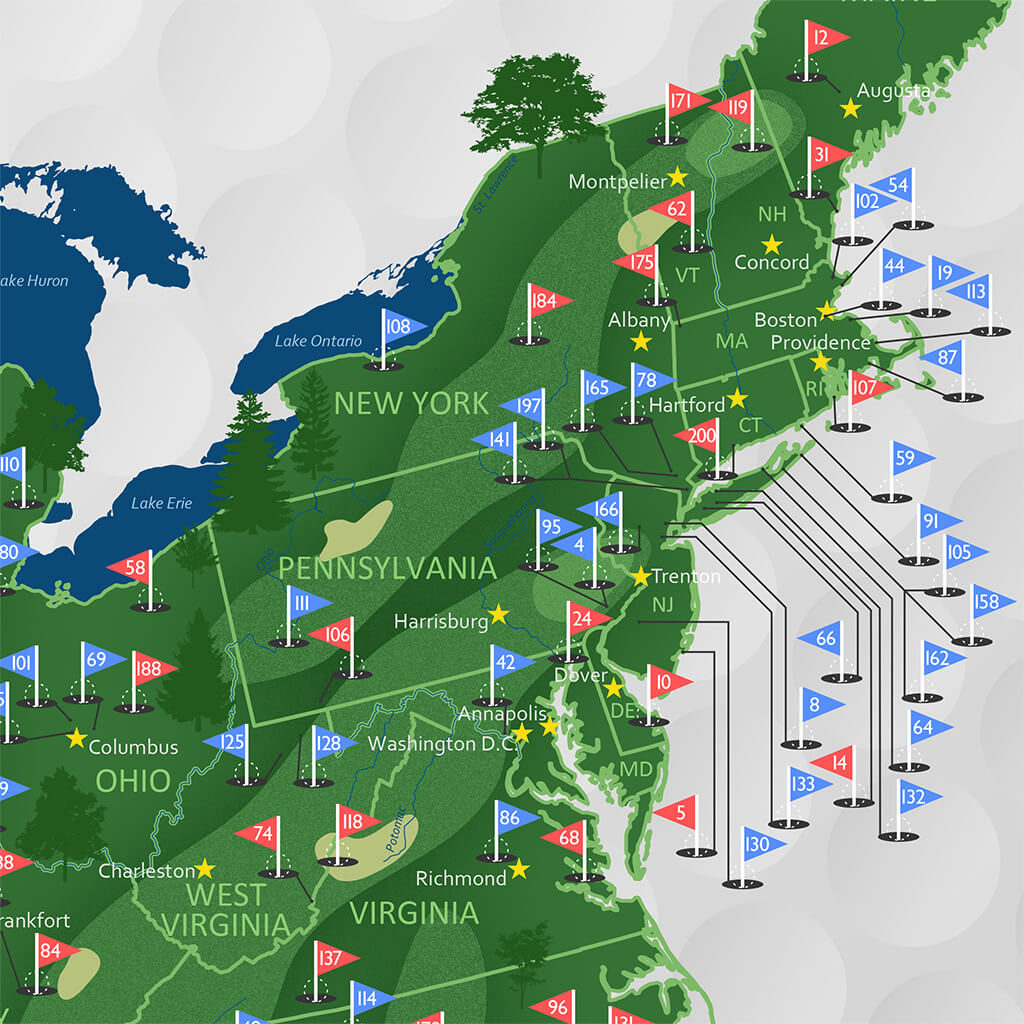 Closeup of East Coast on Golf Map