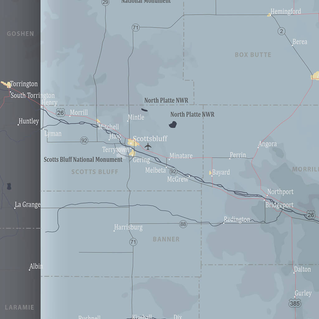 Closeup of Nebraska State Wall Map