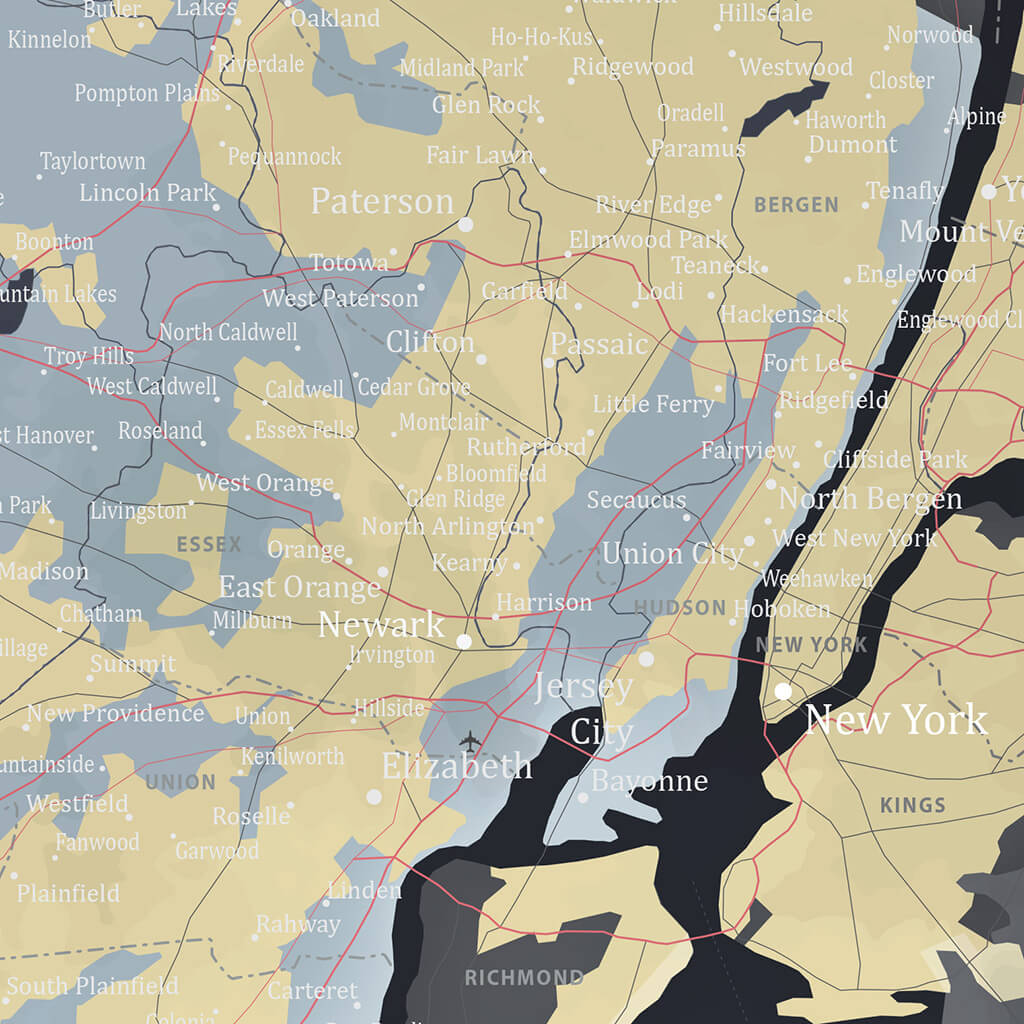 Slate New Jersey Travel Map Closeup