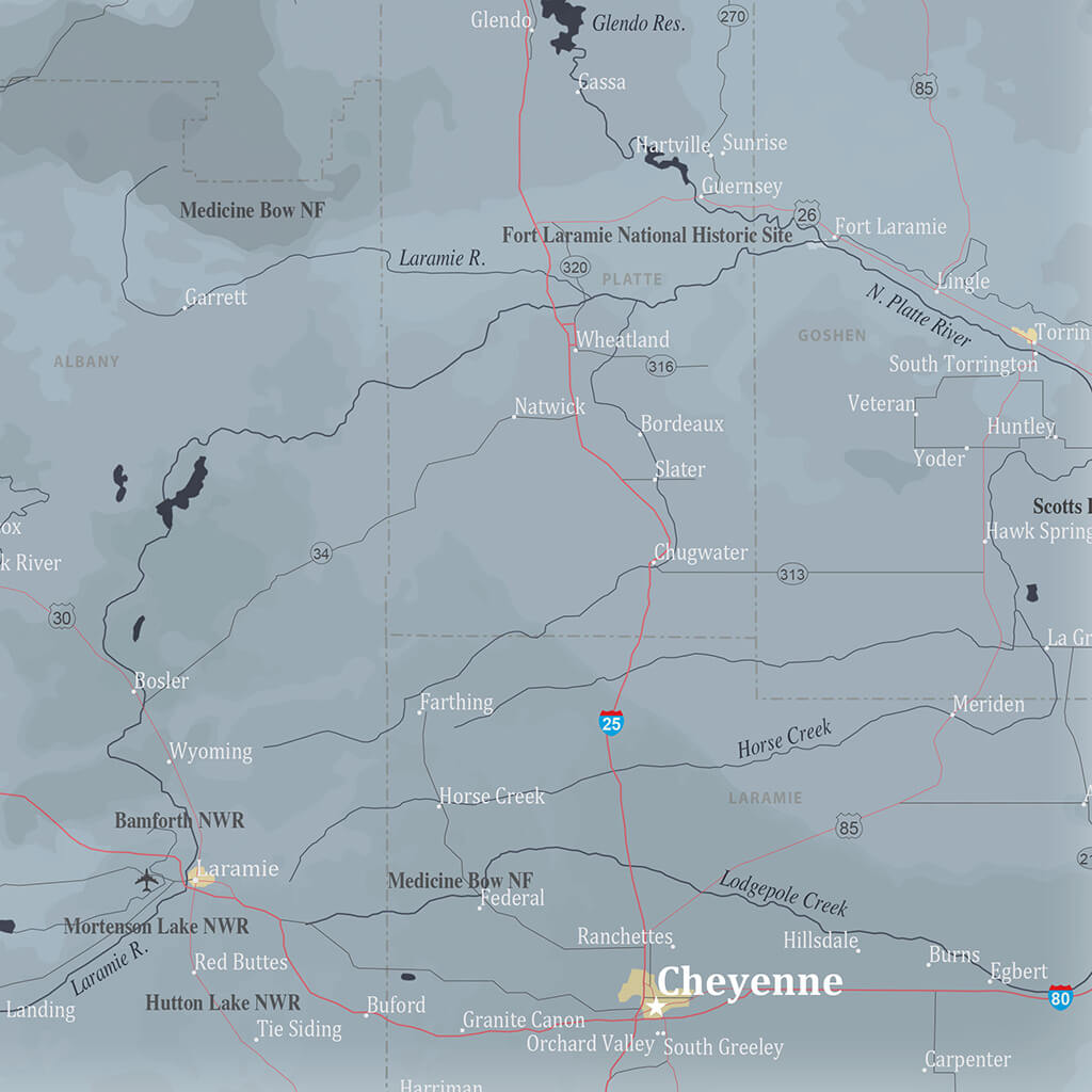 Wall Map of Wyoming State Closeup