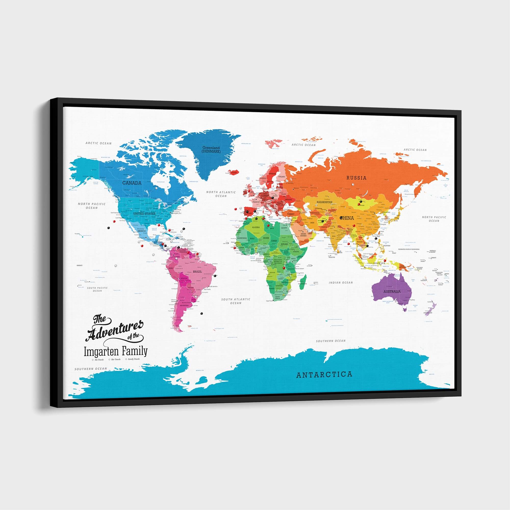Canvas - Colorful World Travel Map with pins