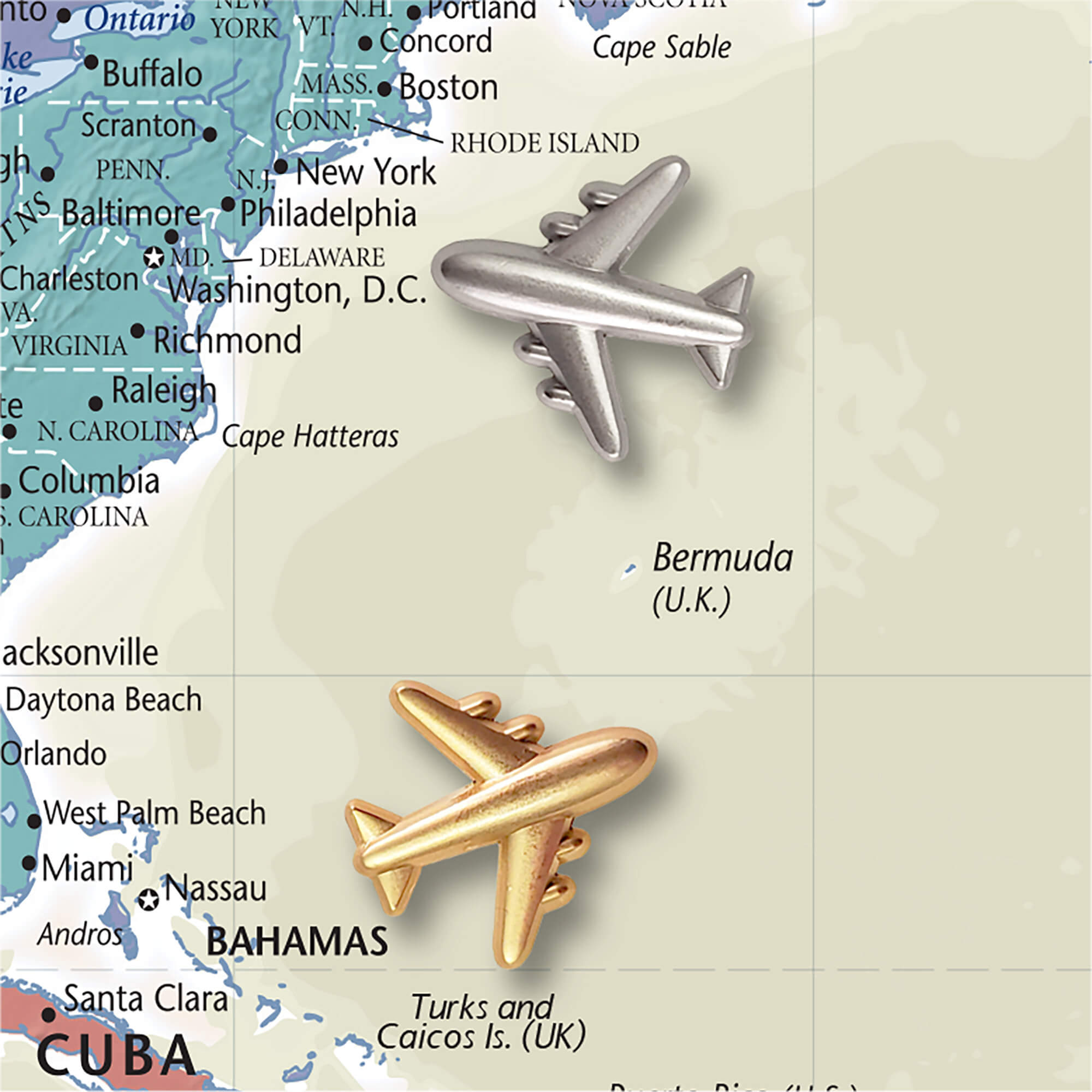 Commercial Airplane Push Pins - Gold & Silver Metal Airplane Map Pins