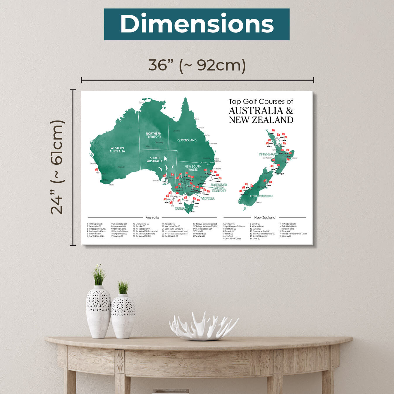 Gallery Wrapped Dimensions of 24" x 36" Size Australia and New Zealand Golf Courses Map