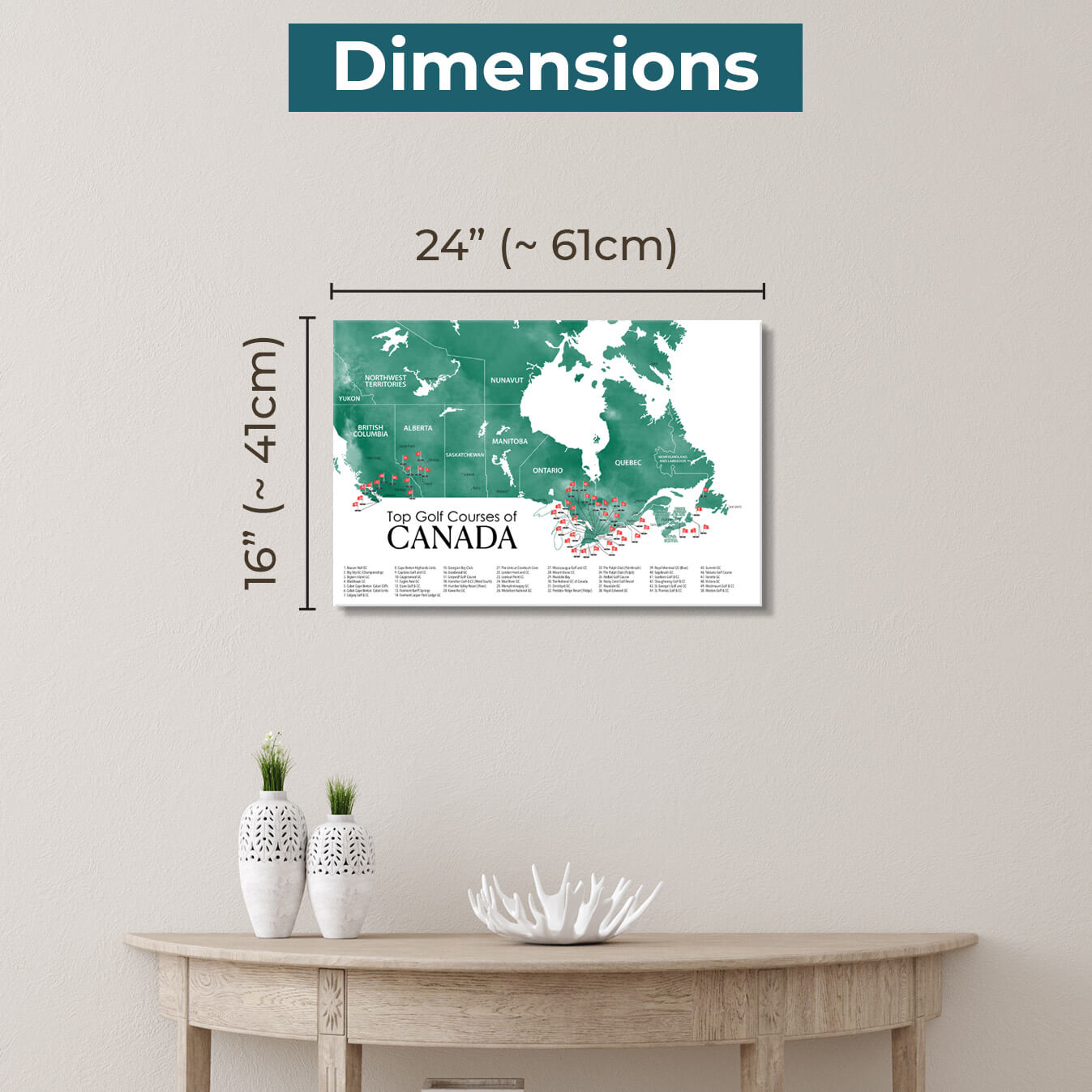 Gallery Wrapped Dimensions of 16" x 24" Size Canada Golf Courses Map