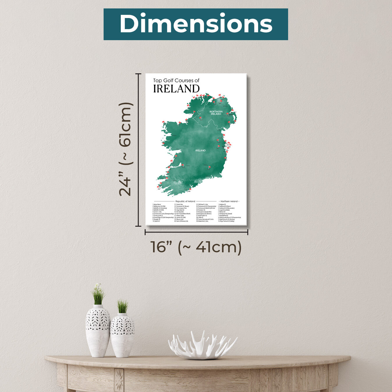 Gallery Wrapped Dimensions of 16" x 24" Size Ireland Golf Courses Map