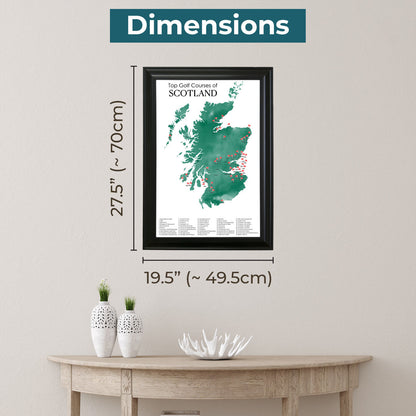 Framed Dimensions of Scotland Push Pin Travel Map of Golf Courses