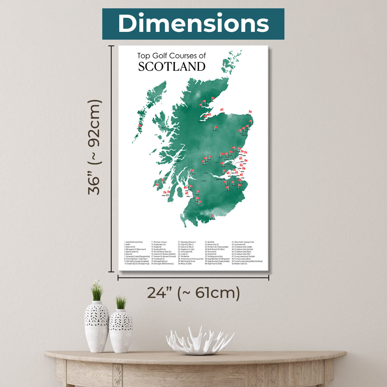 Gallery Wrapped Dimensions of 24" x 36" Size Scotland Golf Courses Map