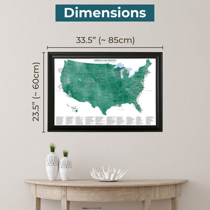 Framed Outer Dimensions of Top 100 Public Golf Courses Map with Pins