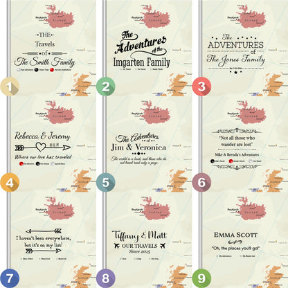 Nine personalized Europe push pin travel map canvas styles showing custom name and quote layout options