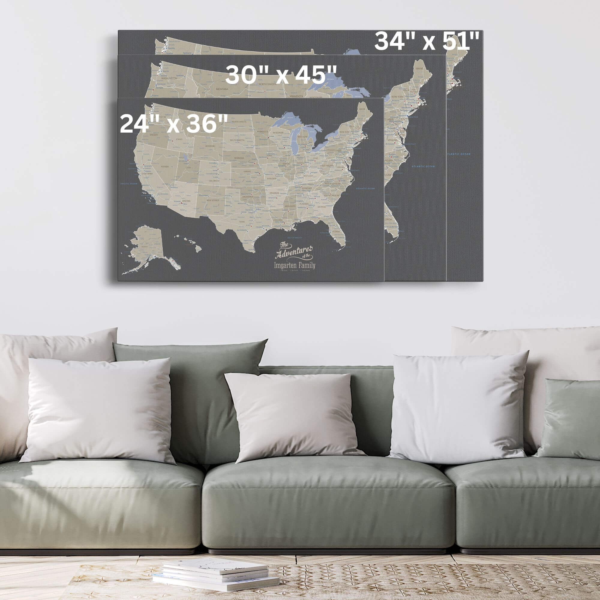 Gallery Wrapped - Earth Toned USA Travel Map with pins