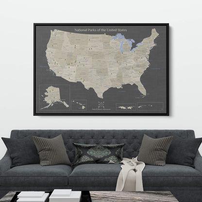 Canvas - Earth Toned National Parks of the USA Travel Map with pins