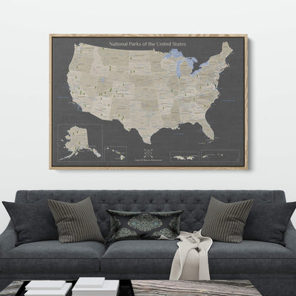 Canvas - Earth Toned National Parks of the USA Travel Map with pins