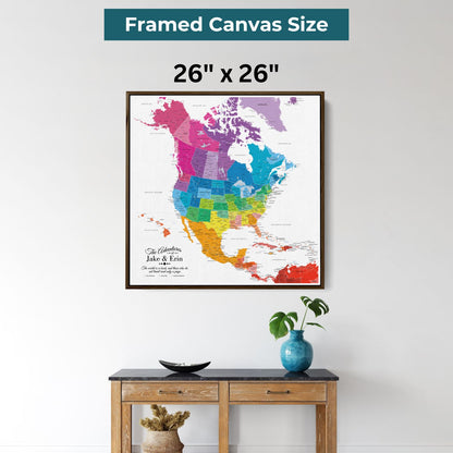 26x26 inch framed canvas colorful North America travel map with pins hanging on wall above wooden console table