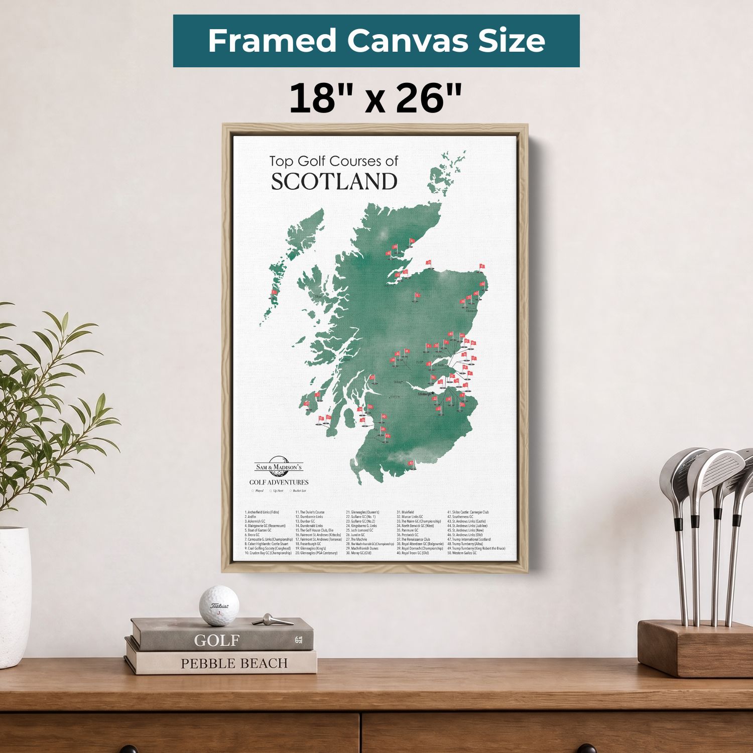 Canvas - Scotland Golf Courses Travel Map with Pins