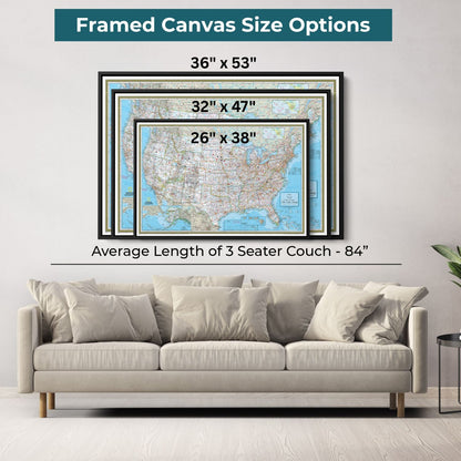 Three framed canvas classic USA travel pin map size options displayed above beige sofa for scale comparison