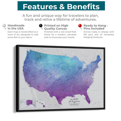 Vibrant Violet watercolor USA travel map canvas features benefits infographic with black float frame