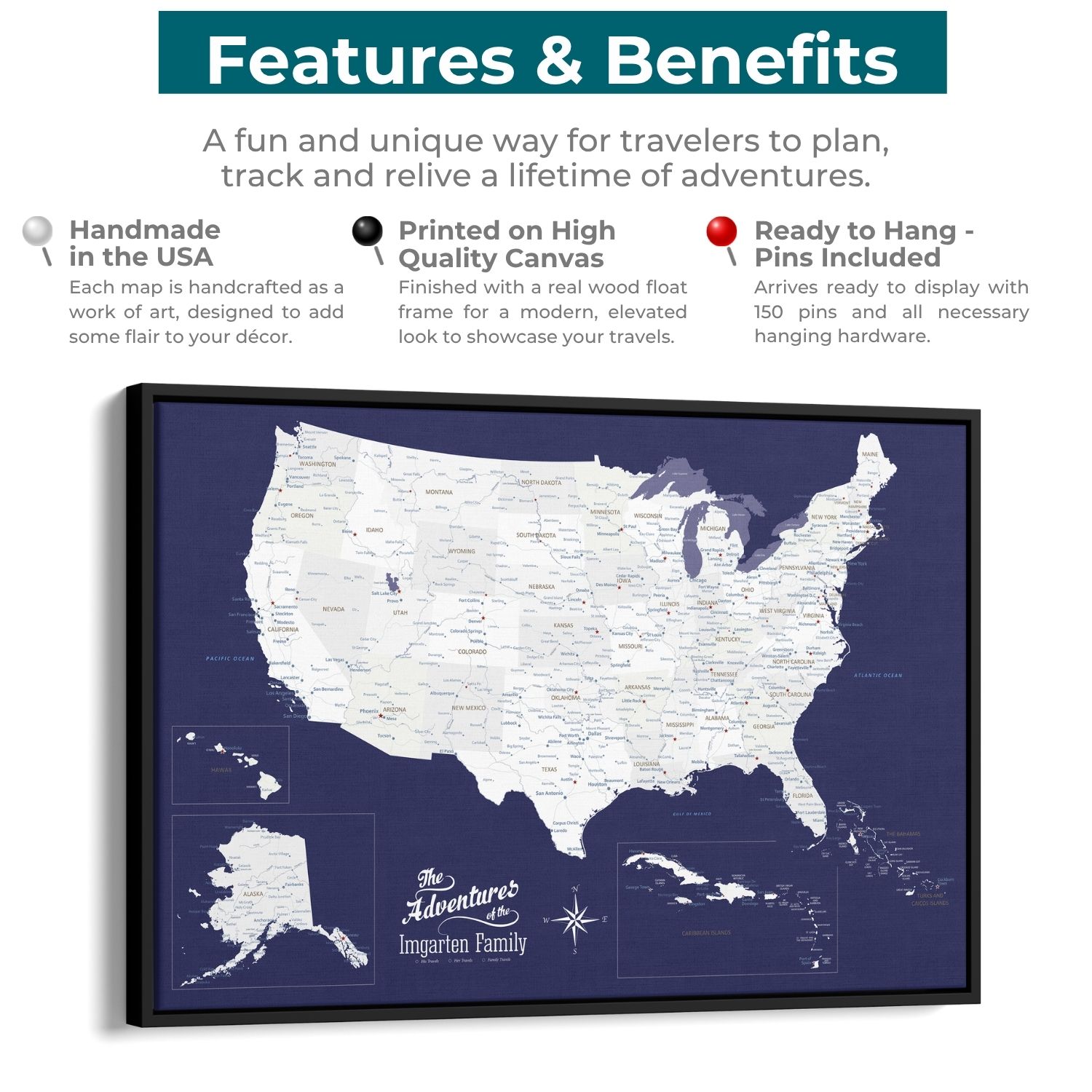 Navy blue USA and Caribbean canvas travel map with black float frame showing features and benefits