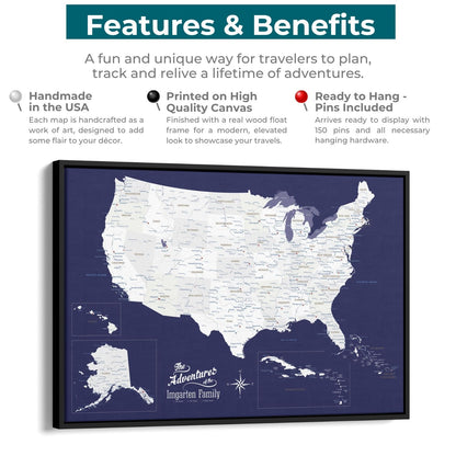 Navy blue USA and Caribbean canvas travel map with black float frame showing features and benefits