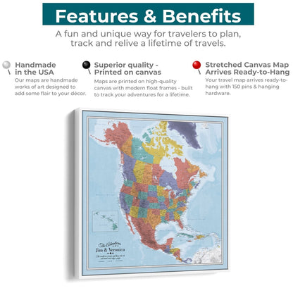 Personalized canvas North America travel map with pins features benefits infographic white frame