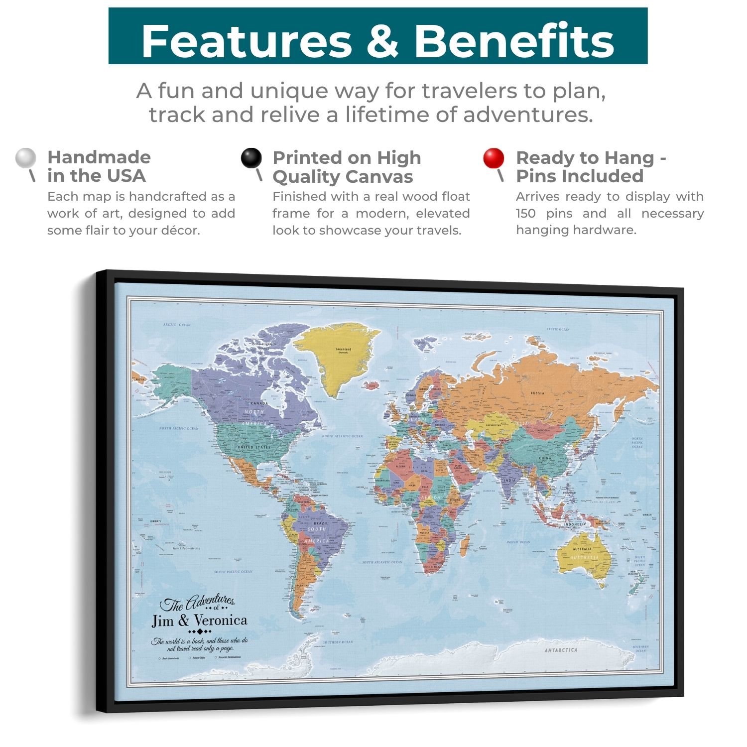 Canvas - Blue Oceans World Travel Map with pins
