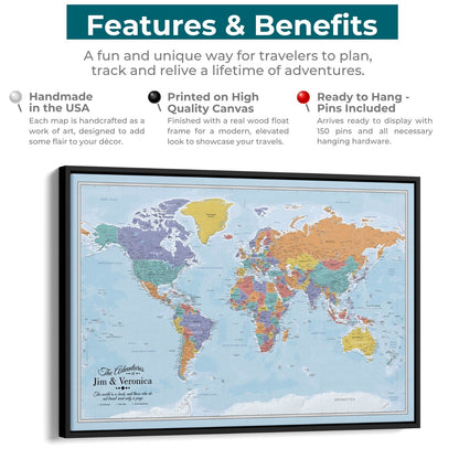 Canvas - Blue Oceans World Travel Map with pins