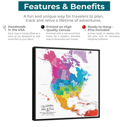 Colorful North America canvas travel map with pins in black float frame featuring rainbow-colored regions