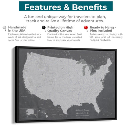 Stormy Dreams USA travel map canvas with pins features benefits infographic black float frame