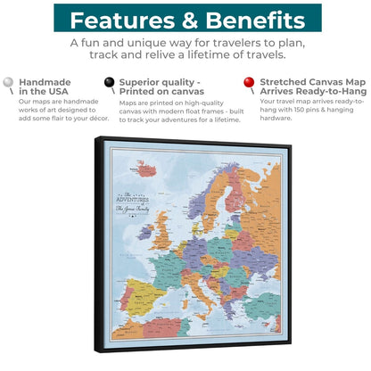 Personalized blue oceans Europe travel map with pins in black float frame on canvas