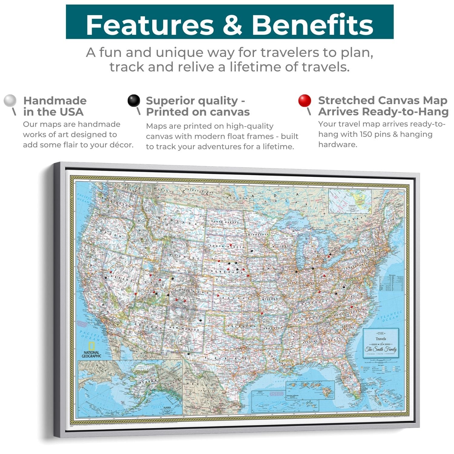 National Geographic Classic USA travel pin map on stretched canvas with silver float frame showing red and black pins marking visited states across detailed topographical United States map