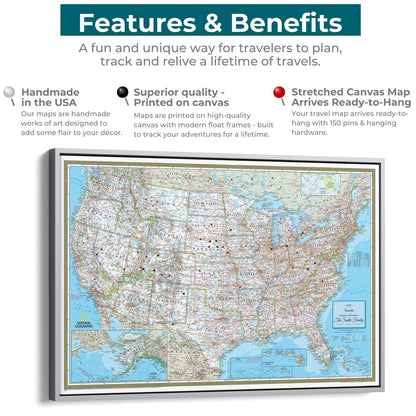 National Geographic Classic USA travel pin map on stretched canvas with silver float frame showing red and black pins marking visited states across detailed topographical United States map