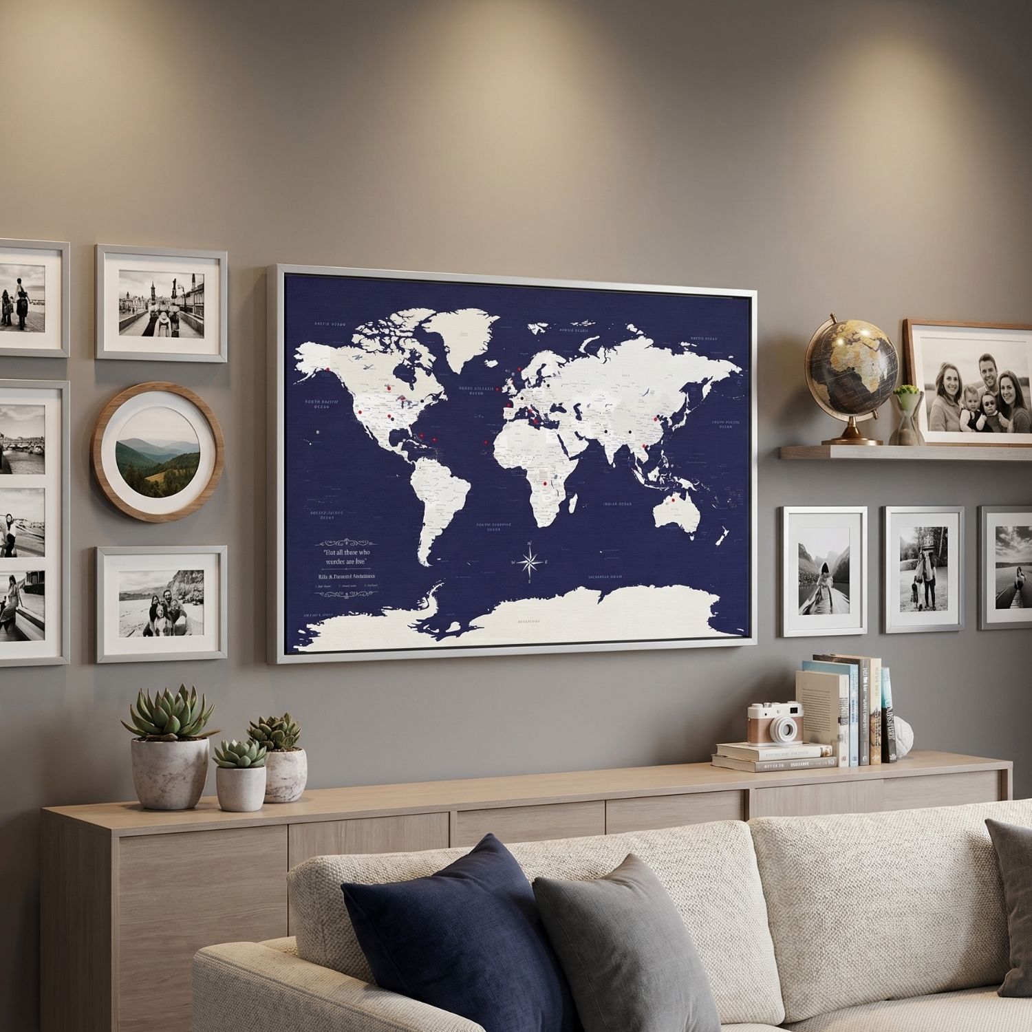 World map pinboard on a wall with decorative elements in a living room setting.