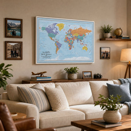 Canvas - Blue Oceans World Travel Map with pins