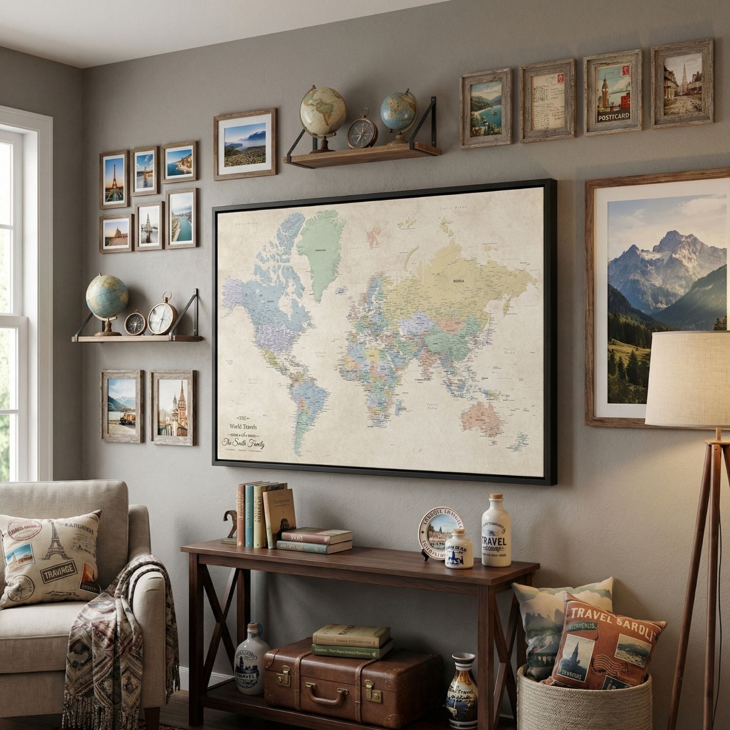 Sandy Dreams World map in nicely travel themed home. 