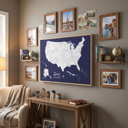 Framed navy canvas USA and Caribbean travel map displayed in cozy home gallery wall with travel photos