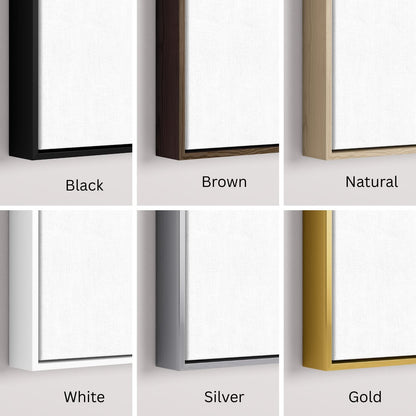Six framed canvas color options showing black, brown, natural wood, white, silver, and gold frame styles
