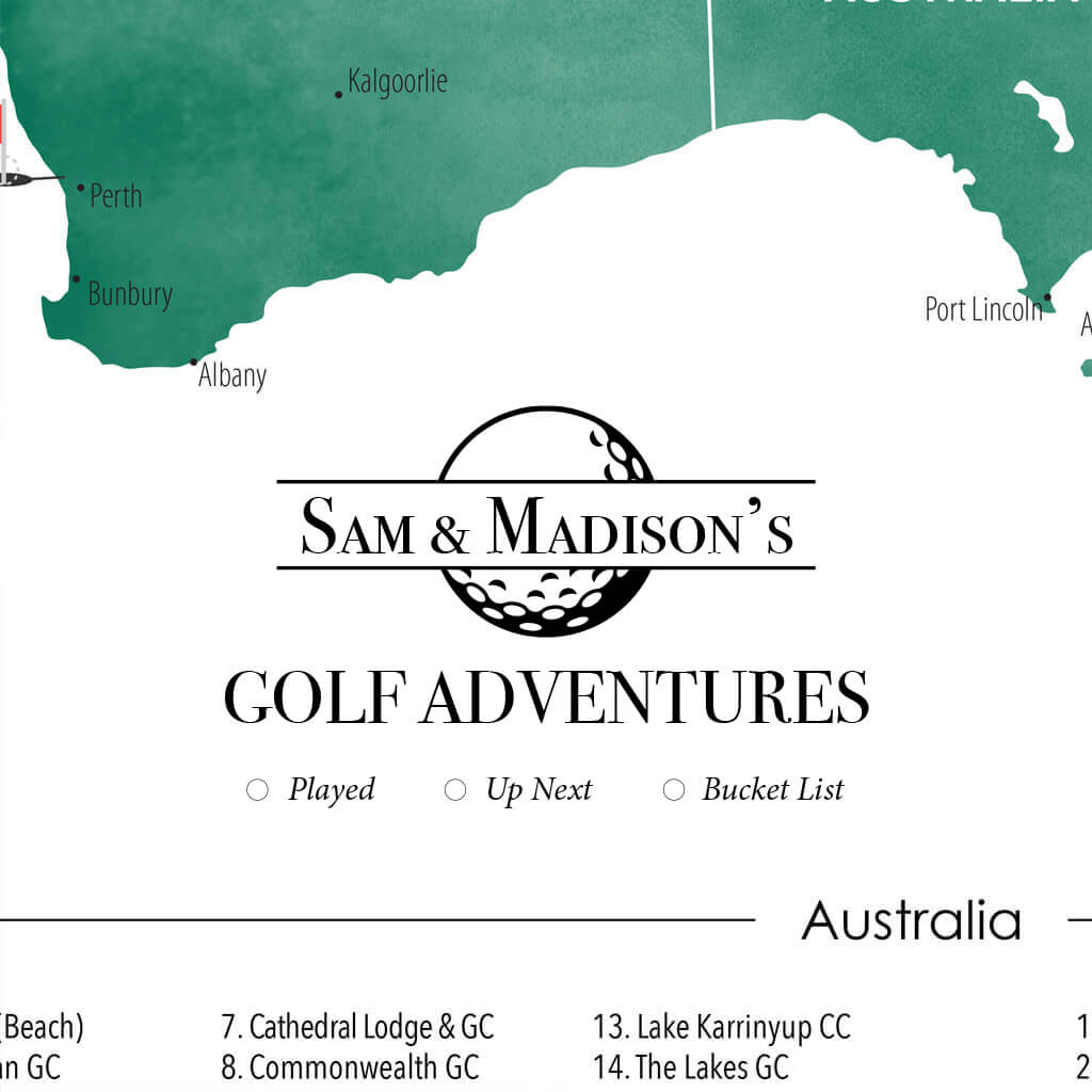 Closeup of Personalization Layout and Location on Australia and New Zealand's Top Golf Courses Map