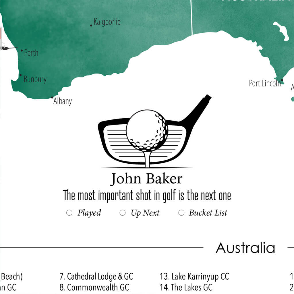 Closeup of Personalization Layout and Location on Australia and New Zealand&#39;s Top Golf Courses Map