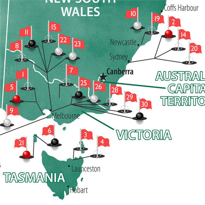 Closeup of Details on Australia and New Zealand Golf Courses Map