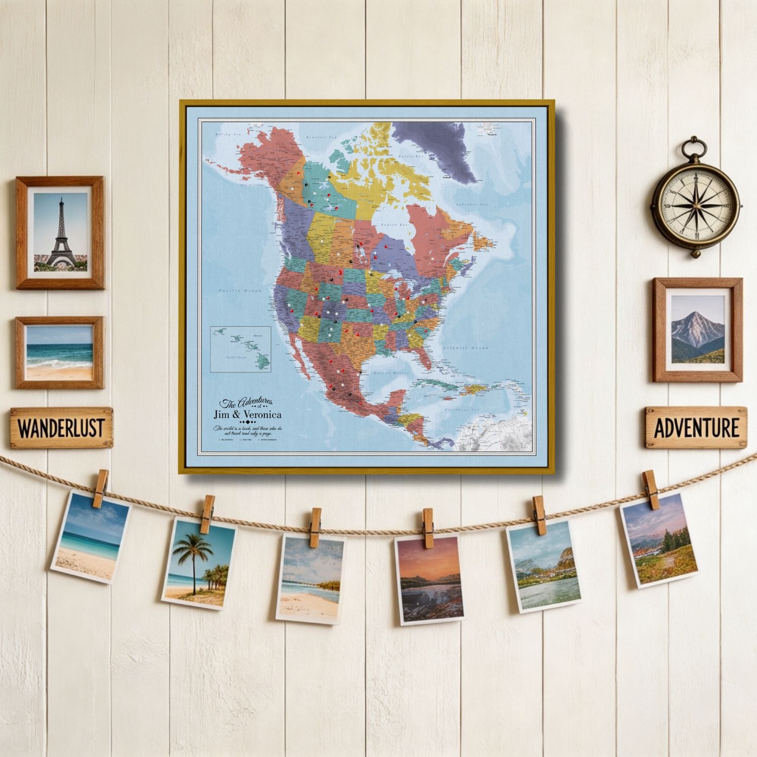 Personalized Blue Oceans North America canvas travel map with pins displayed on wall