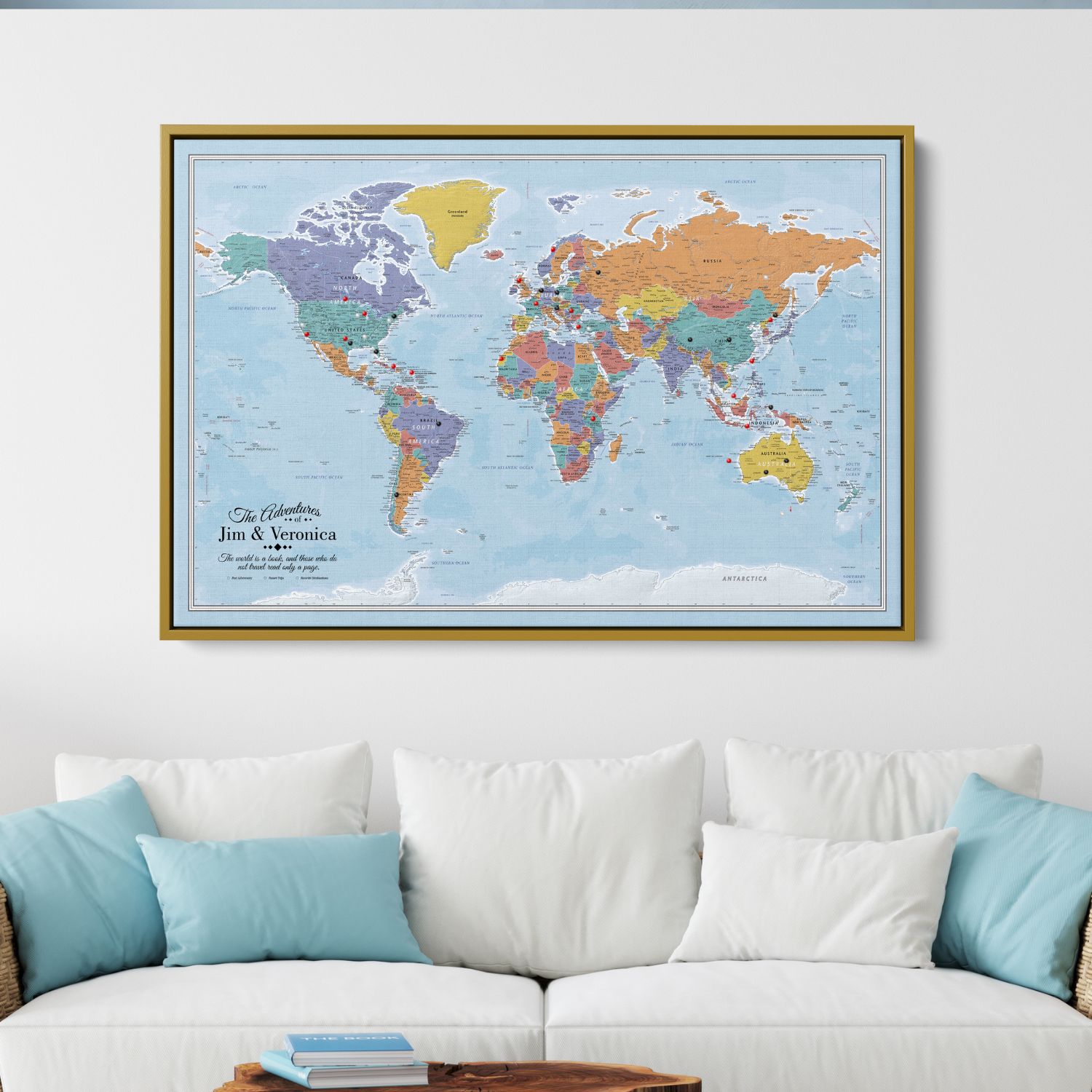 Canvas - Blue Oceans World Travel Map with pins
