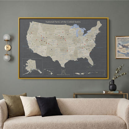 Canvas - Earth Toned National Parks of the USA Travel Map with pins