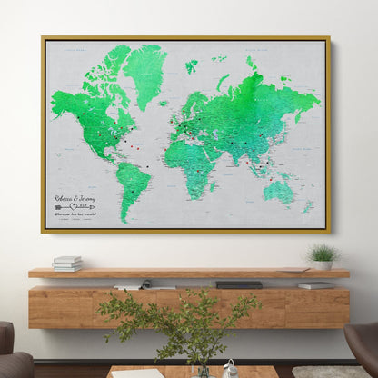 Canvas - Enchanting Emerald Watercolor World Travel Map with pins