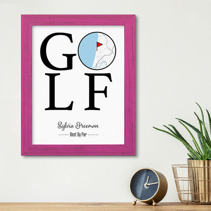 Custom Map Word Art - GOLF Map Art - Canvas Print in Carnival Pink Frame