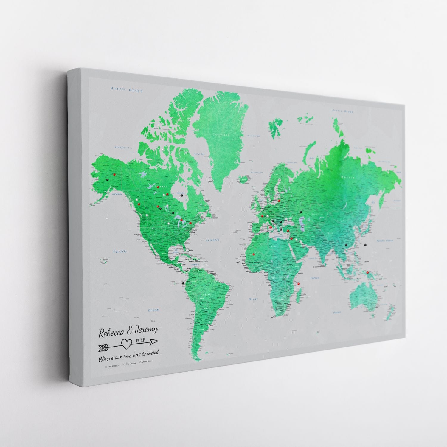 Gallery Wrapped - Enchanting Emerald Watercolor World Travel Map with pins